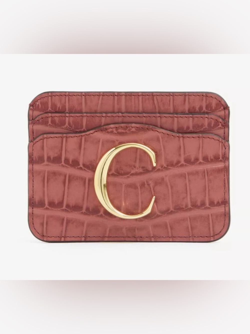CHLOE Croc-Embossed Card Holder with Gold C Logo
